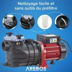 AREBOS Pompe De Filtration Pour Piscine 11.000l/h | Filtre à Sable | 600W | Fonctionnement Silencieux | Sans Entretien - Noir / Rouge 8 AREBOS Pompe De Filtration Pour Piscine 11.000l/h | Filtre à Sable | 600W | Fonctionnement Silencieux | Sans Entretien - Noir / Rouge -Pompe et filtre de piscine Soldes 56096355 4